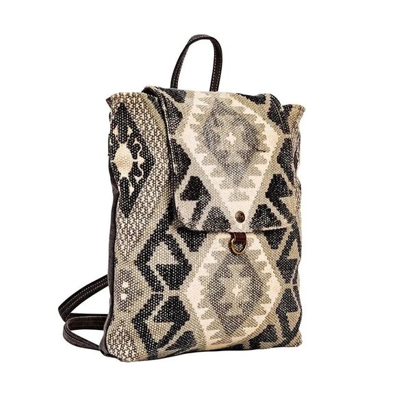 Myra Bag Handmade Arrowhead Backpack Upcycled Canvas & Cowhide Leather - Picture 9 of 13